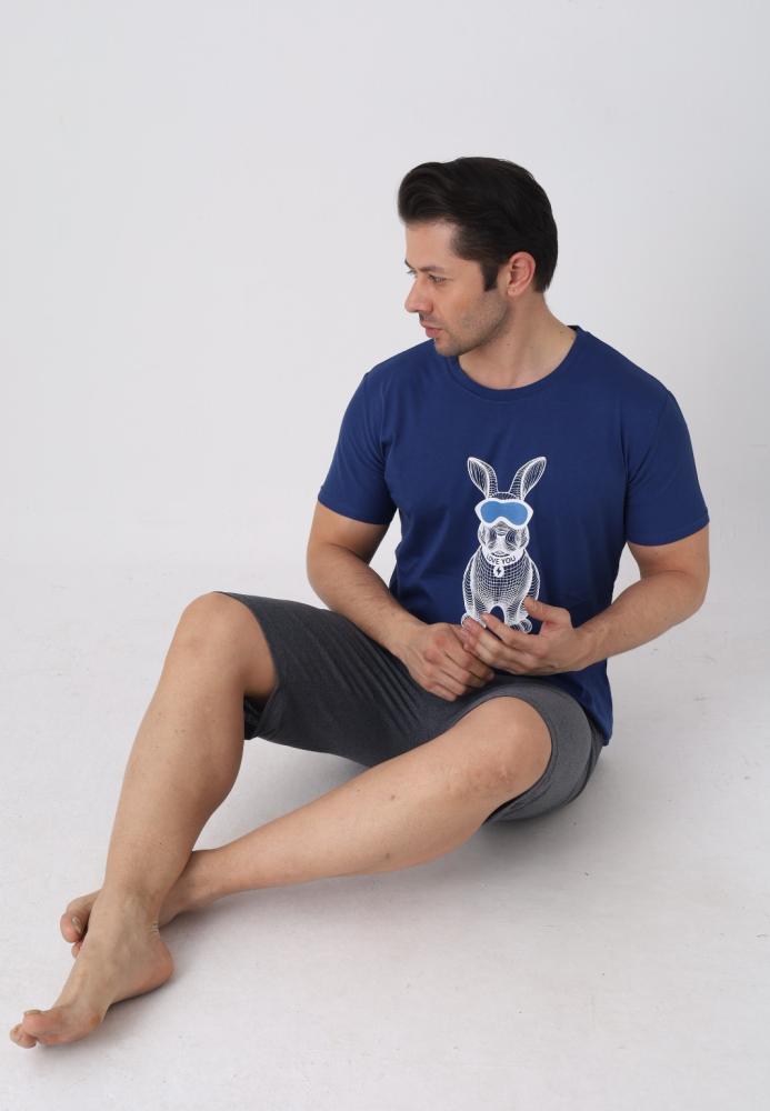 Pijama barbat cu maneca scurta si pantaloni 3/4, culoare bleumarin, Engros